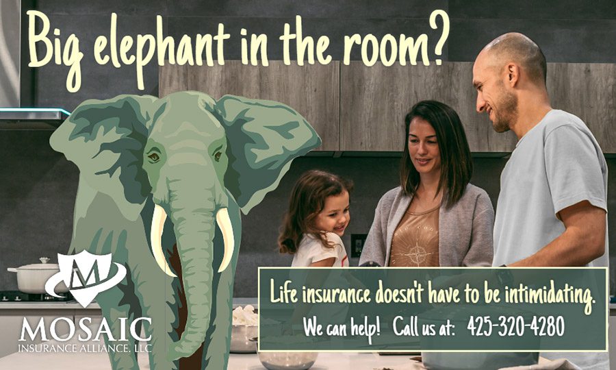 Blog Post - Big Elephant in the Room? Life Insurance Doesn't Have to Be Text Over an Image of a Drawn Elephant Next to a Family