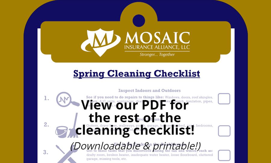 Blog - Mosaic Logo Over Clip on a Graphic Clipboard that Has a Spring Cleaning Checklist on It