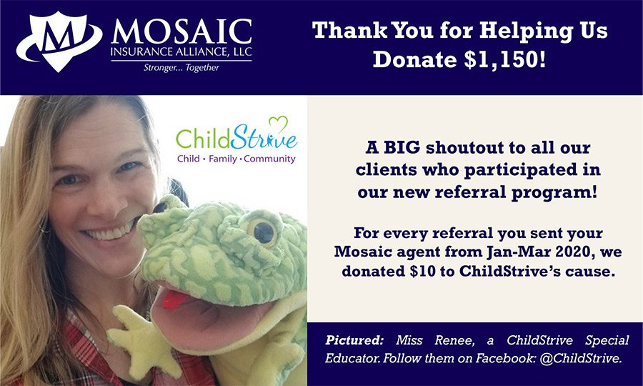 Blog - Thank You for Helping Us Donate $1,150 Text Over Top an Image of a Girl Holding a Stuffed Animal Frog and Child Strive Logo on Top and the Mosaic Logo