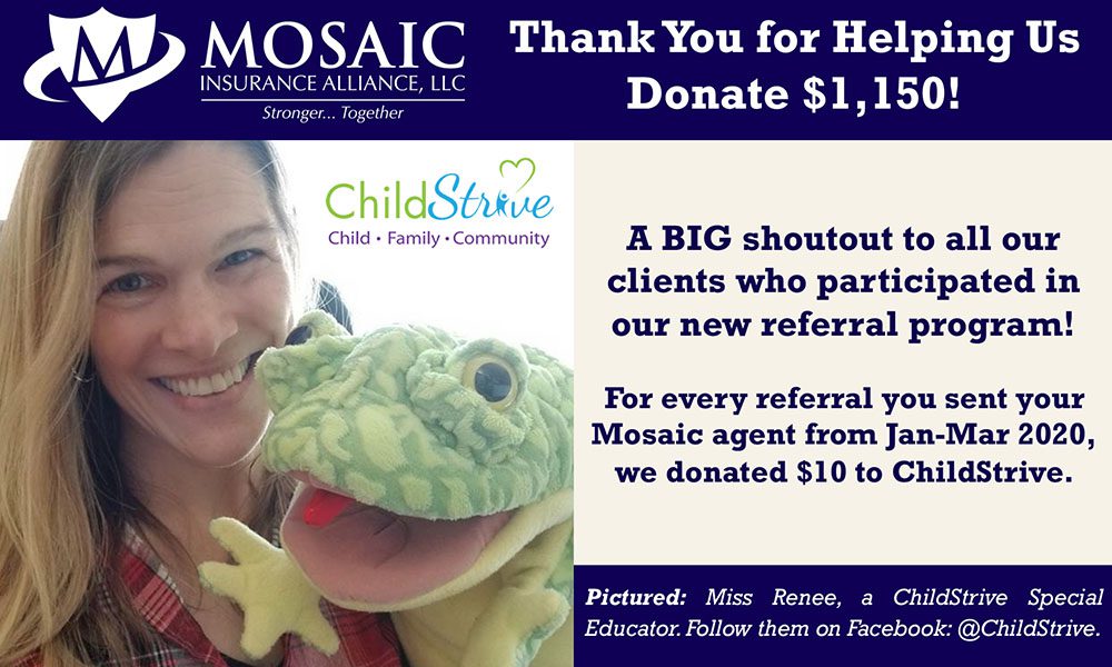 Blog - Thank You for Helping Us Donate $1,150 Text Over Top an Image of a Girl Holding a Stuffed Animal Frog and Child Strive Logo on Top