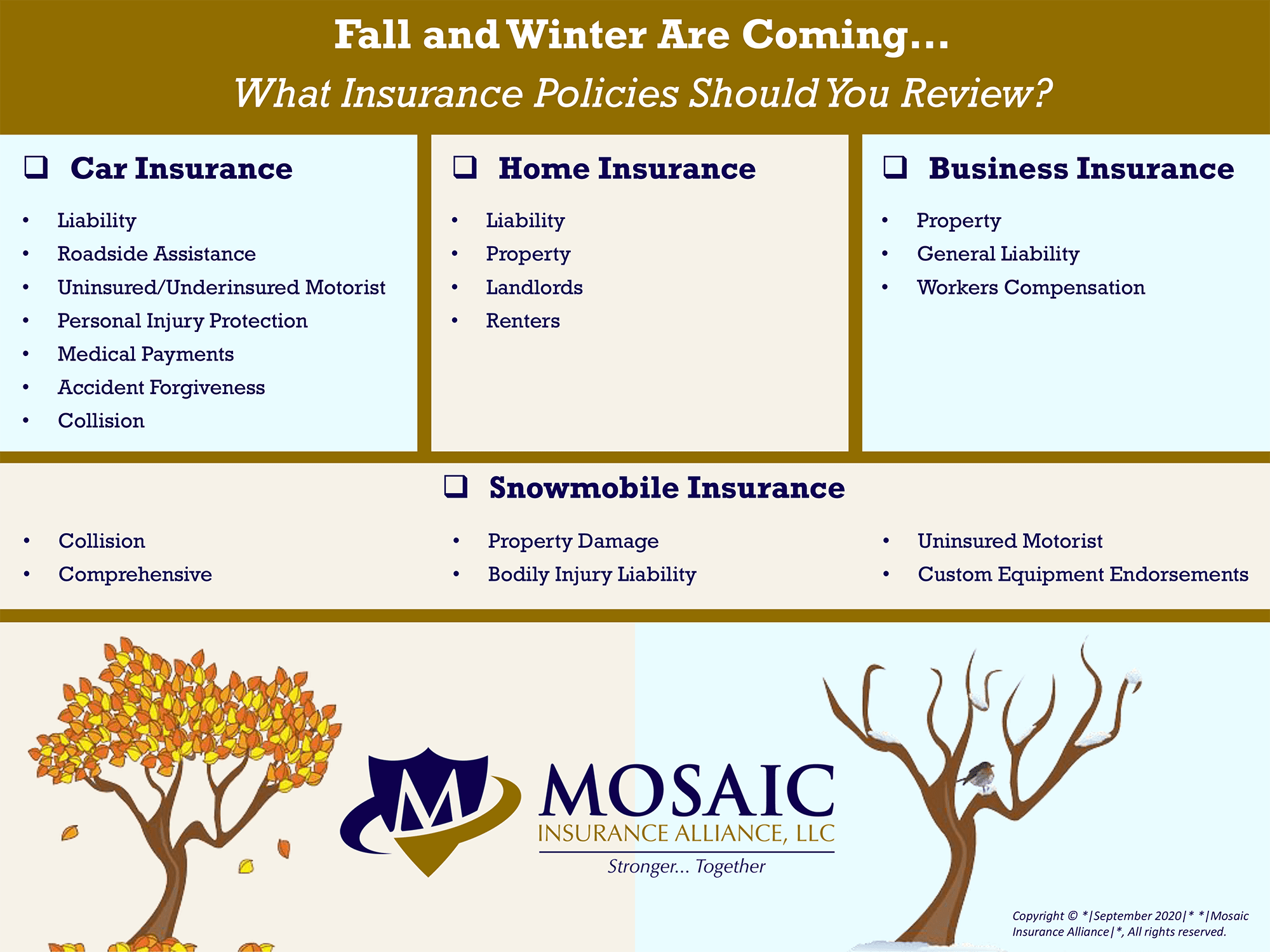 Mosaic Insurance in Lynnwood has a checklist for what insurance you should review for fall and winter seasons