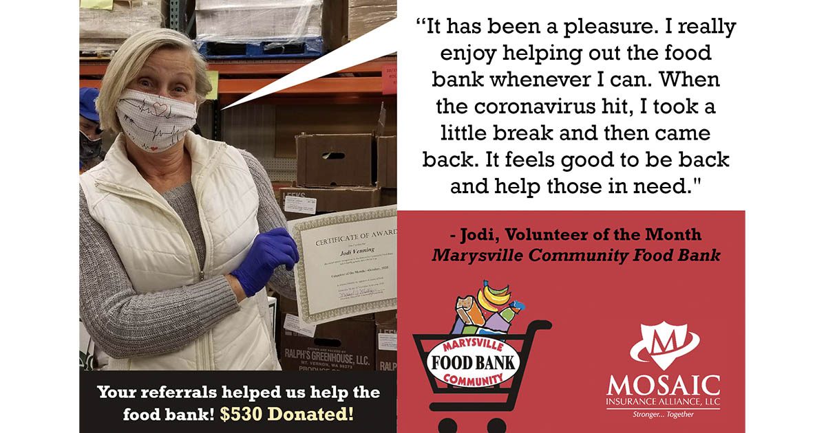 Blog - Mosaic Insurance Alliance Donates $530 to Marysville Community Food Bank-