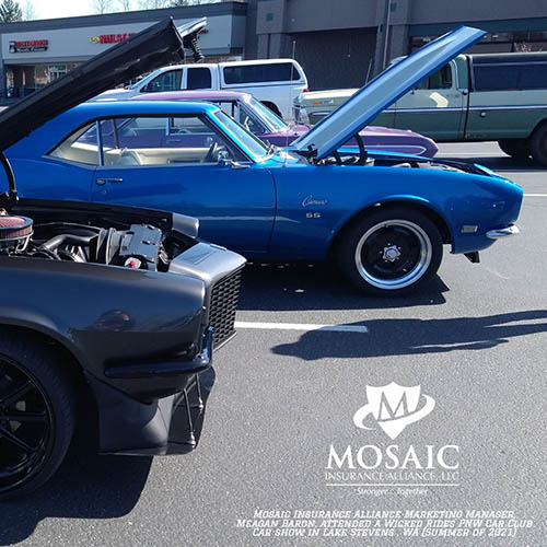 Blog - Classic Auto Insurance, Black Classic Car and Blue Classic Car with Hoods Open in Lynnwood Washington with Mosaic Insurance Alliance