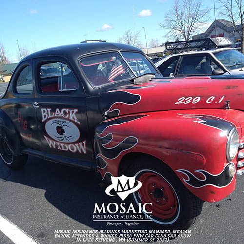Blog - Classic Auto Insurance, Red Classic Car with Flame Design and Black Widow Logo in Lynnwood Washington with Mosaic Insurance Alliance
