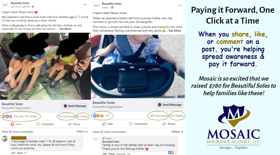 Blog - Local Lynnwood, WA Charity, Beautiful Soles, Successfully Finishes Program with Mosaic Insurance Alliance - Paying it Forward One Click At A Time Graphic Showing Social Media Engagement