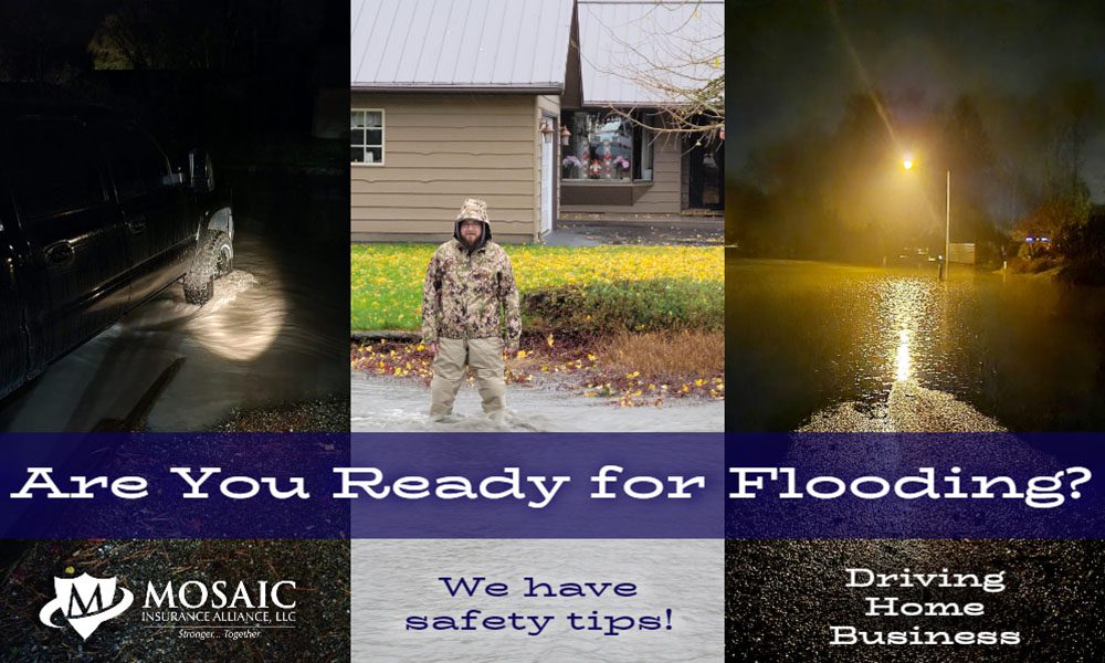Blog - Are You Ready For Flooding Question Over Top of Collage of Driving Through Rivers, Standing in a Flooded Street, and a Flooded Road