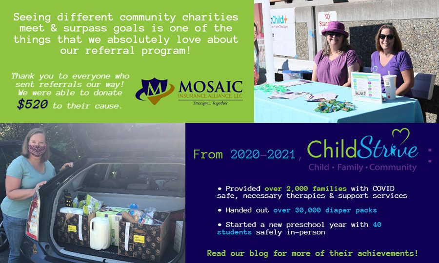 Blog - Mosaic Donated 520 Dollars to Child Strive in 2020 to 2021 to Provide Help Families During the Pandemic and there are Two Collaged Images of Volunteers with Dontations and at Donation Tables