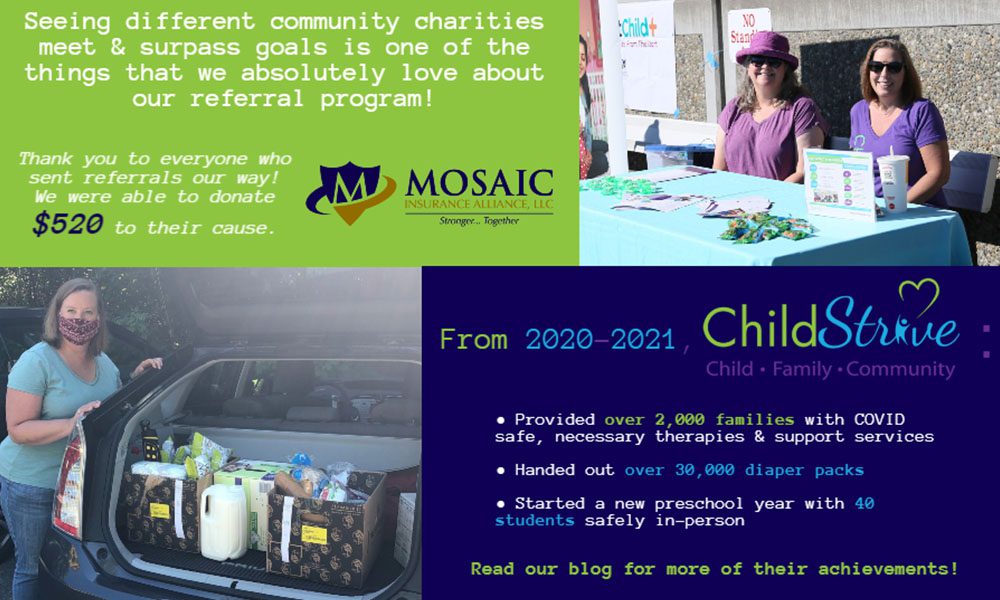 Blog - Mosaic Partners with Child Strive in 2020 to 2021 to Provide Help Families During the Pandemic and there are Two Collaged Images of Volunteers with Dontations and at Donation Tables