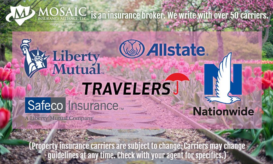 Blog - Mosaic Logo Beside Text Saying is an Insurance Broker. We Write with Over 50 Carriers with Carrier Logos over image of a Field of Flowers