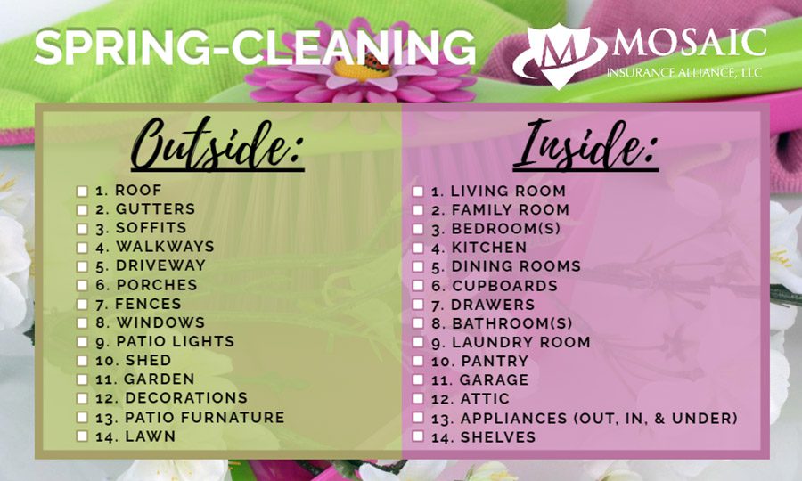 Blog - Spring Cleaing Text Over Zoomed in Image of Green Gardening Tools with Pink Plastic Flowers and an Outside and Inside Lists of 14 Tasks