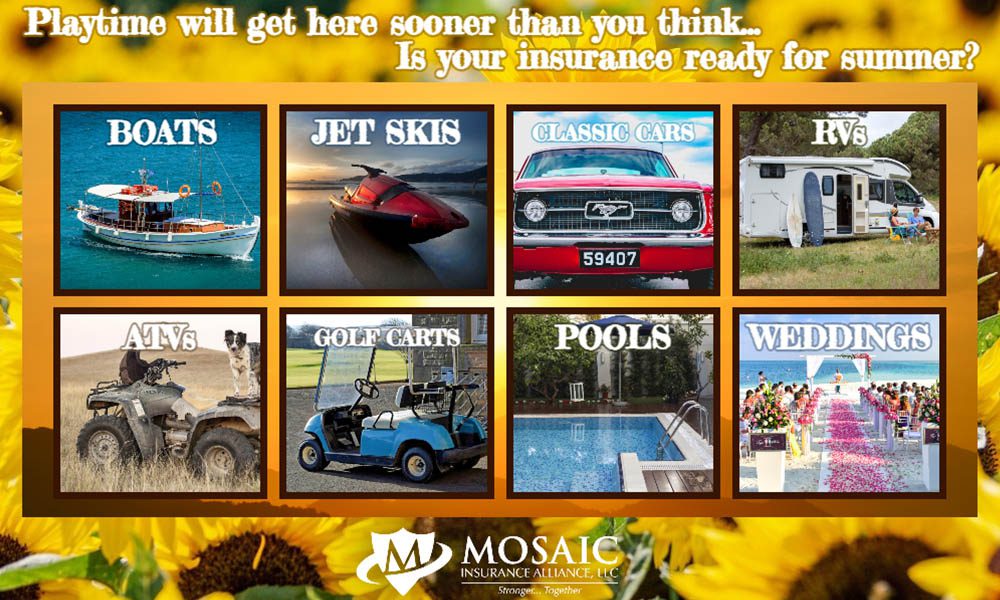 Blog - Playtime will Get Here Sooner Than You Think Text with Images of Different Events, Vehicles, and Pools that need to be Insured this Summer