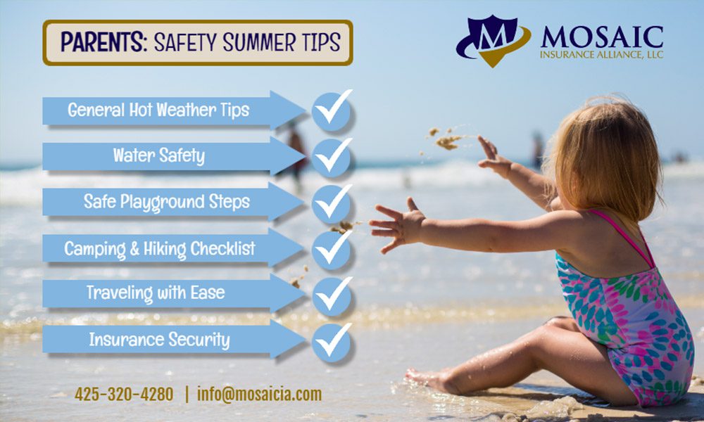 Blog - Parents Safety Sumer Tips Lists on Top of an Image of a Little Girl in a Bathing Suit on a Beach