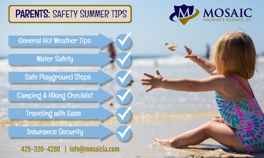 Blog Post - Parents Safety Sumer Tips Lists on Top of an Image of a Little Girl in a Bathing Suit on a Beach