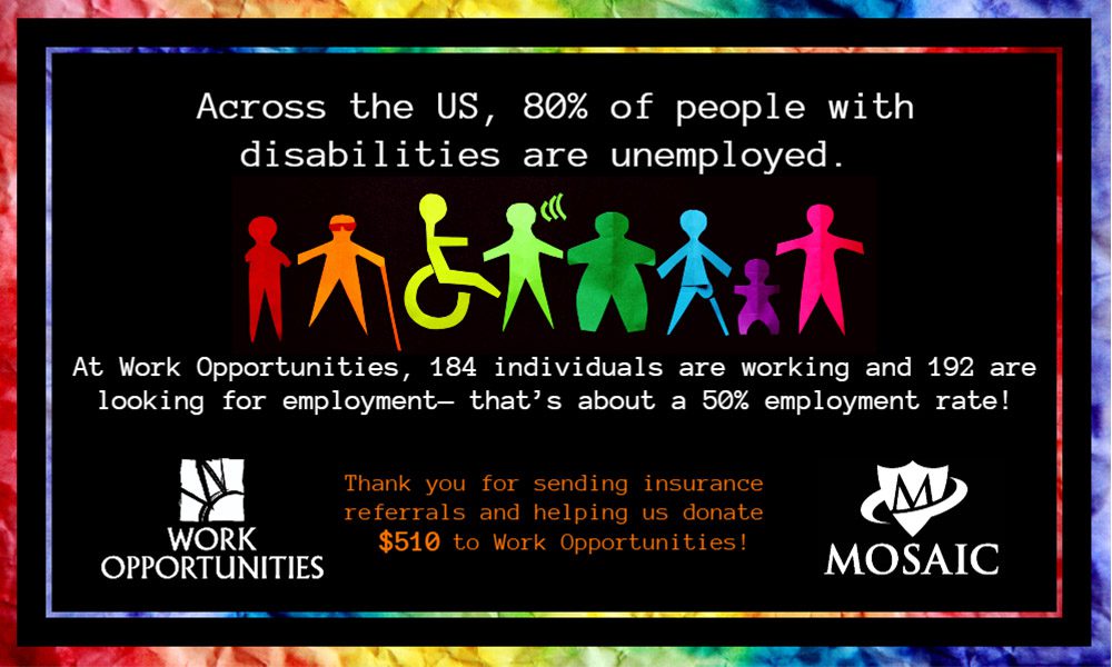 Blog - Colorful Charaters Showing the Different Disabilities a Person Could have and a Work Opprotunities and Mosaic Logos