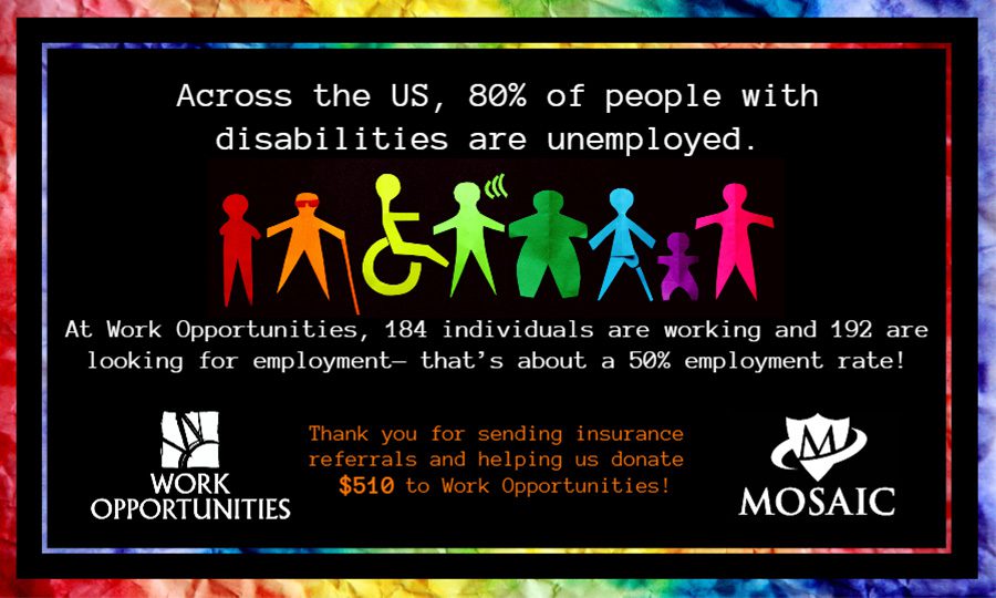 Blog Post - Colorful Charaters Showing the Different Disabilities a Person Could have and a Work Opprotunities and Mosaic Logos