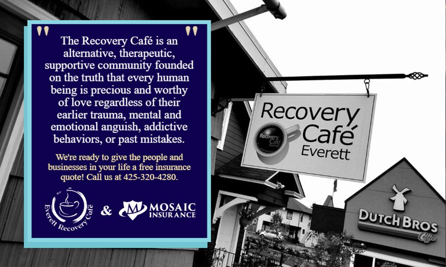 Blog Page - Recovery Cafe Everett Store Sign with Dutch Bros Store Sign in the Background